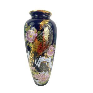 Vintage Hand-Painted Peacock & Floral Vase 12" Tall 5" Wide Ceramic For Home Dec